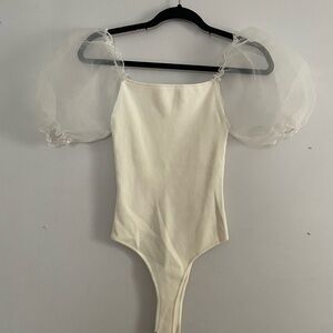 ASTR the label Sheer Puff Sleeve Cream Bodysuit